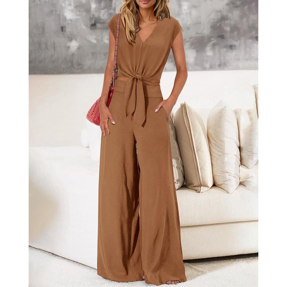 Women's 2 Piece Summer Outfits Polyester V Neck Crop Top Wide Leg Pants - Picture 3 of 7